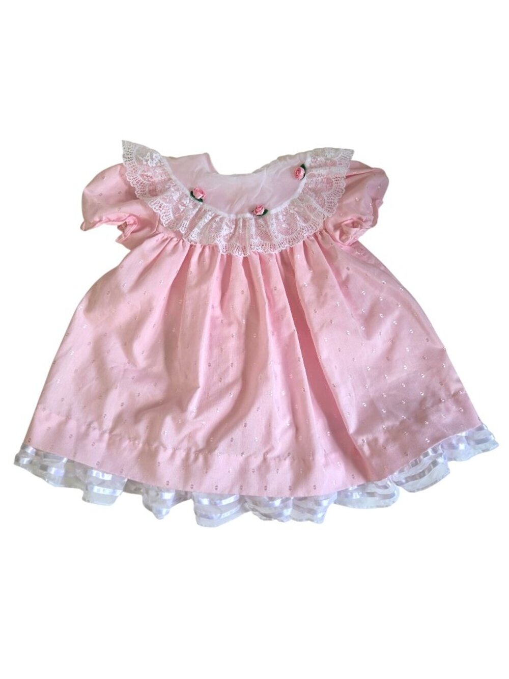 Vtg Baby Girls Pink Lace Party Dress With Floral Accents & Ruffle Hem 80's Rad